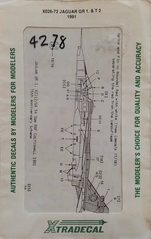 DISCOUNT DECALS 4278 X026-72 XTRADECAL JAGUAR GR 1. T2 1991 Discount Decals