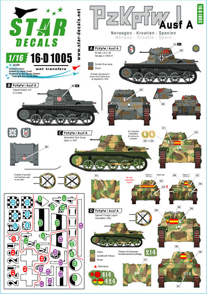 Star Decals Model Kit Decals 16-D1005 PzKpfw I Ausf A Pz.Abt z.b.V. 40 in Norway Croatia / Ustashi and Spanish Civil War.
