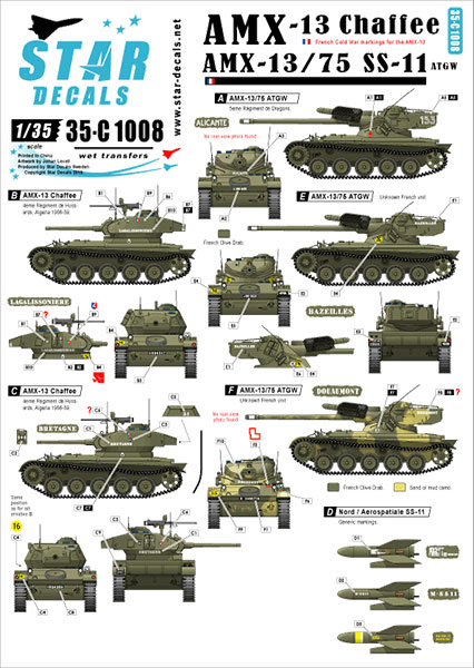 Star Decals Model Kit Decals 35-C1008 AMX-13 Chaffee AMX-13 SS-11. French Cold War markings Algerian war