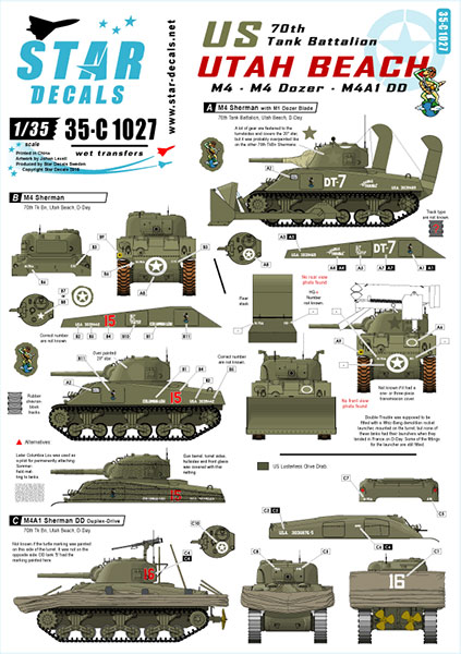 Star Decals Model Kit Decals 35-C1027 US 70th Tank Battalion on Utah Beach. M4 M4 Dozer M4A1 DD Sherman