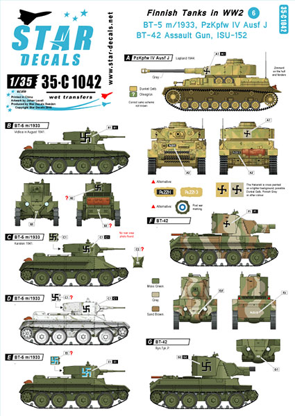 Star Decals Model Kit Decals 35-C1042 Finnish Tanks in WW2 6. BT-5 BT-42 Pz IV J ISU-152.