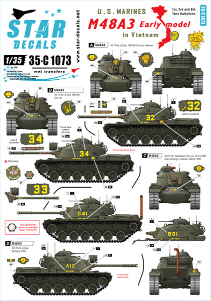 Star Decals Model Kit Decals 35-C1073 M48A3 Early model. US Marines in Vietnam. 1st 3rd 5th Tk Bn.