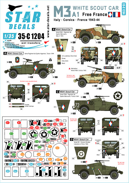 Star Decals Model Kit Decals 35-C1204 Free French M3A1 Scout Car. Italy Corsica France 1943-45.