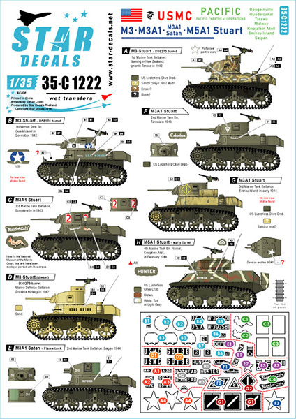 Star Decals Model Kit Decals 35-C1222 M3 M3A1 and M5A1 Stuart. USMC in the Pacific. Guadalcanal Bougainville Kwajalein Tarawa