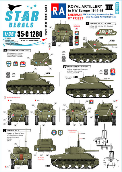 Star Decals Model Kit Decals 35-C1260 Royal Artillery 3. Sherman OP tanks and M7 Priest HMC in NW europe