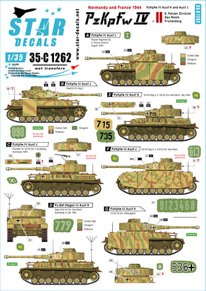 Star Decals Model Kit Decals 35-C1262 PzKpfw IV in Normandy 2. PzKpfw IV Ausf H and J.