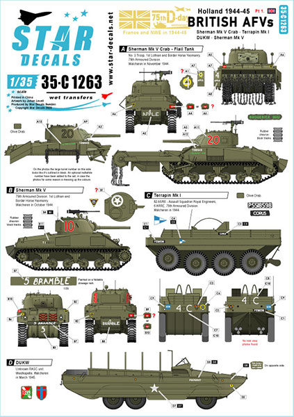 Star Decals Model Kit Decals 35-C1263 British Tanks AFVs in Holland. Sherman Mk V Sherman Crab DUKW Terrapin.
