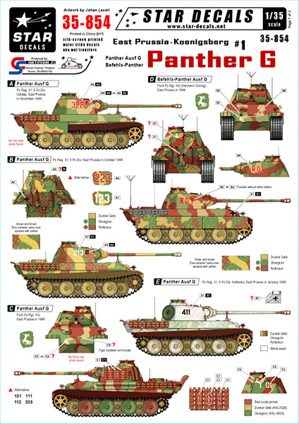 Star Decals Model Kit Decals 35-854 East Prussia/Koenigsberg 1. Panther G Bef-Panther G