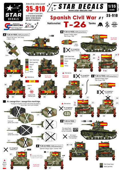 Star Decals Model Kit Decals 35-910 Spanish Civil War 1. Nationalist T-26 tanks.