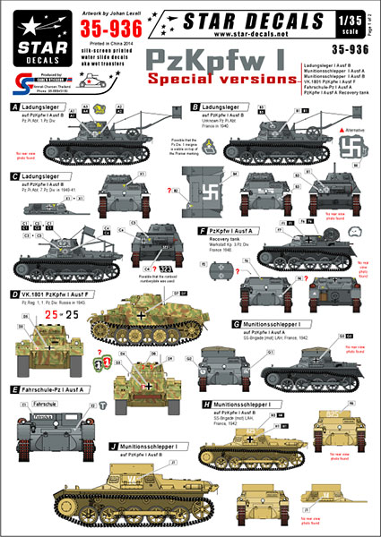Star Decals Model Kit Decals 35-936 PzKpfw I - special versions. Ladungsleger Ammo carrier Pz I F etc...