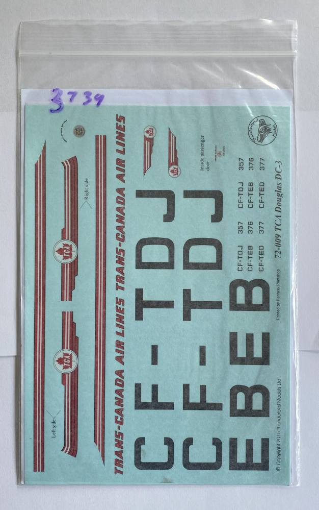 THUNDERBIRD MODELS 3739. 72-009 TRANS-CANADA AIR LINES DOUGLAS DC-3 Discount Decals