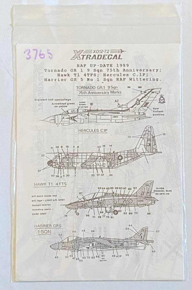 XTRADECAL 3765. X012-72 RAF UP-DATE 1989 TORNADO GR 1 9 SGN 75TH ANNIVERSARY Discount Decals