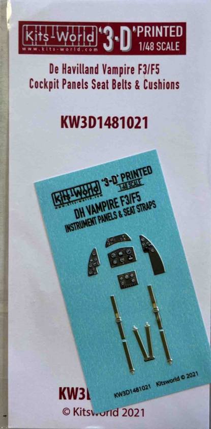KITS WORLD KW3D1481021 DE HAVILLAND VAMPIRE F3/F5 COCKPIT PANELS SEAT BELTS CUSHIONS Conversion Sets