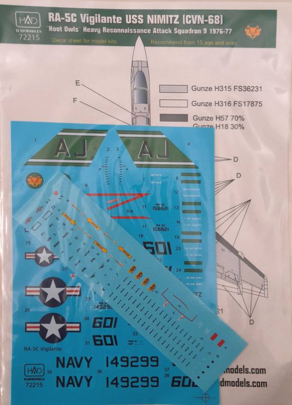 DISCOUNT DECALS 4966 72215 RA-5C Vigilante USS NIMITZ CVN-68 Hoot Owls Heavy Reconnaissance Attack Squadron 9 1976-77 HAD Models Discount Decals