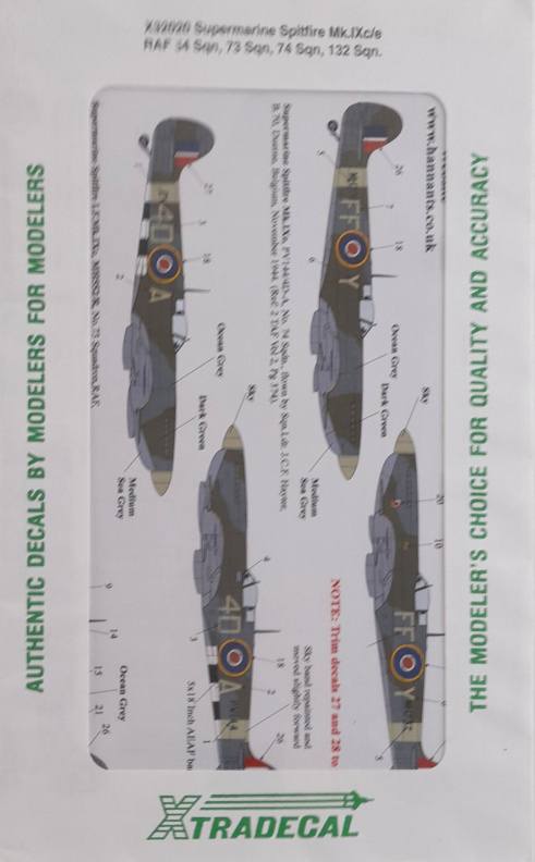 DISCOUNT DECALS 5088 X72020 Supermarine Spitfire Mk.IXc/e RAF 54 Sqn 73 Sqn 74 Sqn 132 Sqn Xtradecal Discount Decals