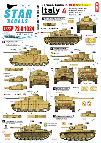 Star Decals Model Kit Decals 72-A1024 German Tanks in Italy 4. Pz III Flame-tank Pz-Beob.Wg. III Bef-PzKpfw III PzKpfw IV H.