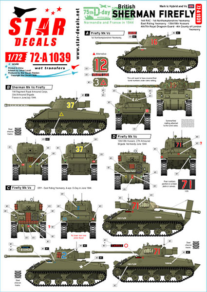 Star Decals Model Kit Decals 72-A1039 British Sherman Firefly. 75th D-Day Special. Mk Ic and Mk Vc Firefly.