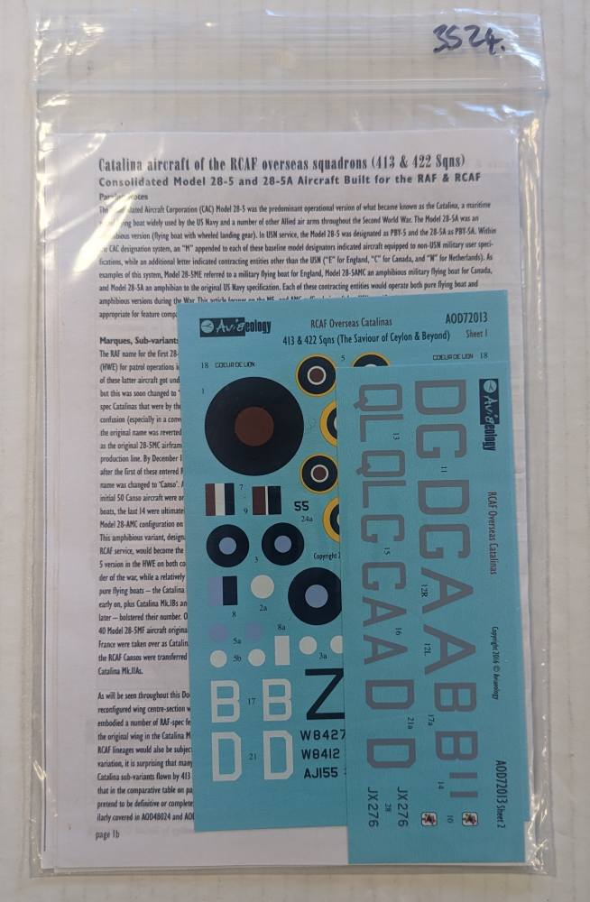 DISCOUNT DECALS 3524. AVIAEOLOGY 72013 RCAF OVERSEAS CATALINAS MK.I IB IVB 413 AND 422 SQN THE SAVIOUR OF CEYLON Discount Decals