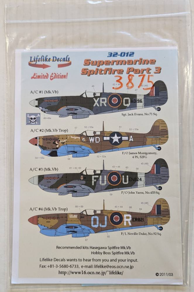 LIFELIKE 3875. 32-012 SUPERMARINE SPITFIRE PART 3 Discount Decals