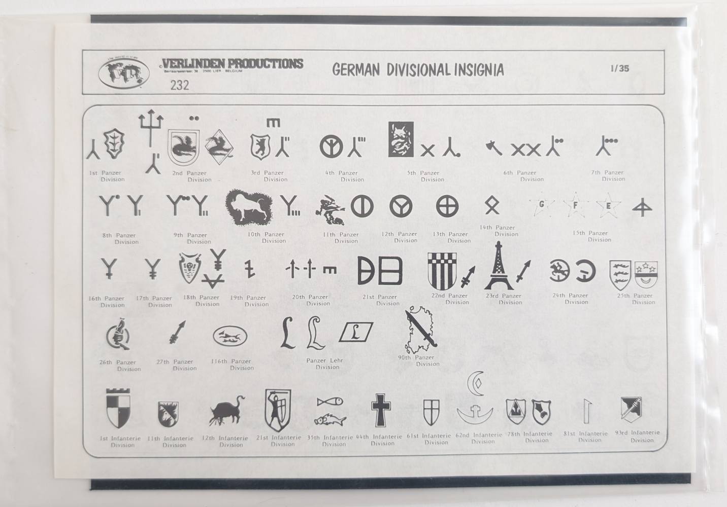 VERLINDEN PRODUCTIONS 232 GERMAN DIVISIONAL INSIGNIA / WEHRMACHT Discount Decals