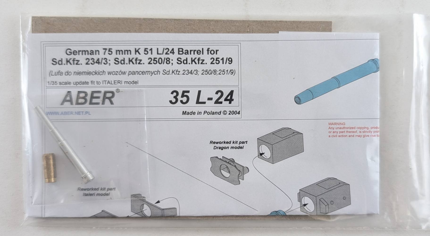 ABER 35L24 GERMAN 75MM K51 L/24 BARREL Conversion Sets