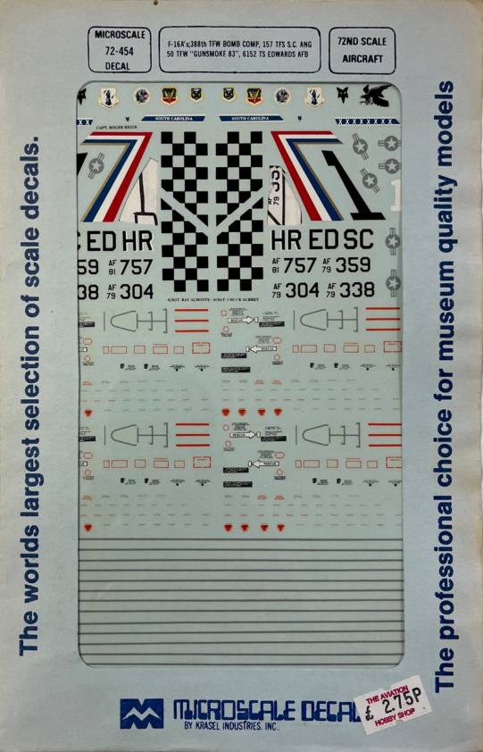 DISCOUNT DECALS 4423 72-454 MICROSCALE DECAL F-16A S 388TH TFW BOMB COMP Discount Decals