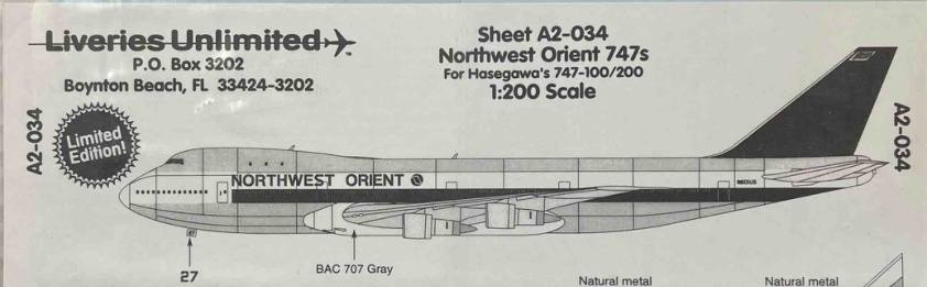 DISCOUNT DECALS 4439 SHEET A2-034 LIVERIES UNLIMITED NORTHWEST ORIENT 747S Discount Decals