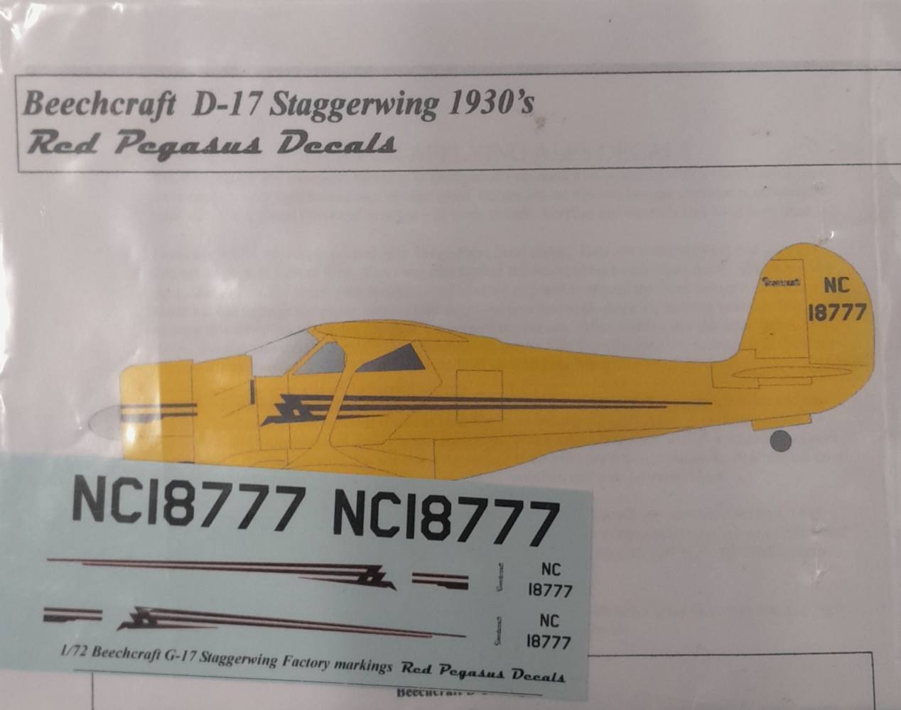 DISCOUNT DECALS 6207 NC18777 BEECHCRAFT D-17 STAGGERWING 1930 S Red Pegasus Decals Discount Decals