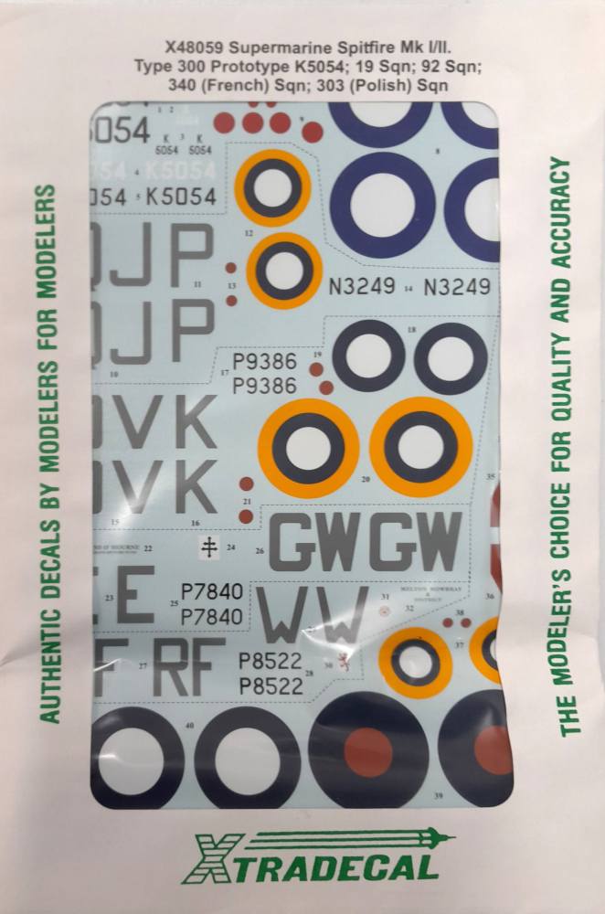 DISCOUNT DECALS 6221 X48059 SUPERMARINE SPITFIRE MK I/II TYPE 300 PROTOTYPE K5054 19 SQN 92 SQN 340 FRENCH SQN 303 POLISH SQN Xtradecal Discount Decals