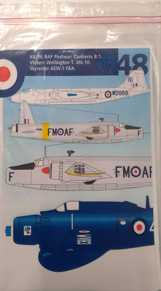 DISCOUNT DECALS 6243 K4/16 RAF POSTWAR CANBERRA B.1 VICKERS WELLINGTON T. MK.10 SKYRAIDER AEW.1 FAA Xtradecal Discount Decals