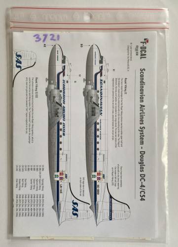 DISCOUNT DECALS 1/144 3721. FD144-036  F-DECAL SCANDINAVIAN AIRLINES SYSTEM - DOUGLAS DC-4/C54