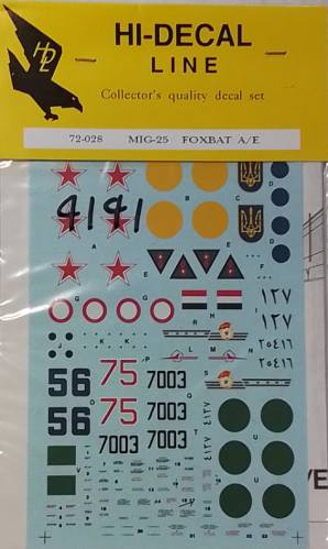 DISCOUNT DECALS 1/72 4141. HI-DECAL LINE 72-028 MIG-25 FOXBAT A/E