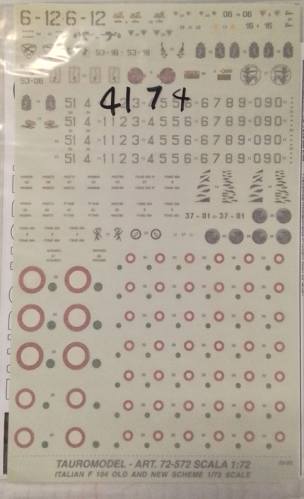 DISCOUNT DECALS 1/72 4174. 72-572 TAUROMODEL ITALIAN F 104 OLD AND NEW SCHEME 