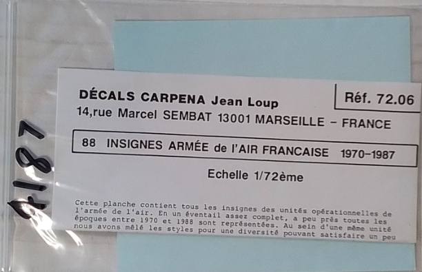 DISCOUNT DECALS 1/72 4187 72.06 DECALS CARPENA FRENCH INSIGNIA 1970-1987