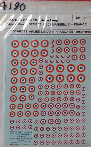 DISCOUNT DECALS 1/72 4190. REF. 72.05 DECALS CARPENA FRENCH ROUNDELS 1960-1988