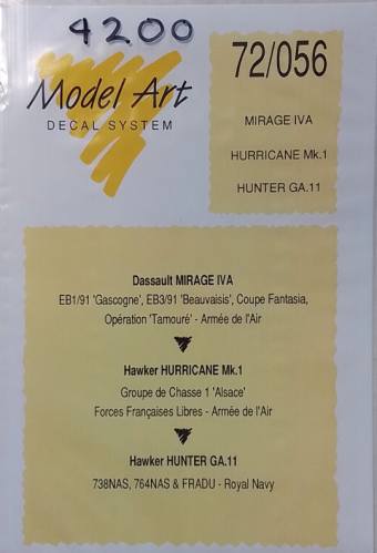 DISCOUNT DECALS 1/72 4200.072/056 MODEL ART DECAL SYSTEM  MIRAGE IVA HURRICANE MK.1 HUNTER GA.11