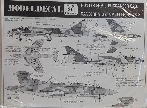 MODELDECAL 1/72 4238. SET NO 26  HUNTER FGA9  BUCCANEER S2B  CANBERRA B2  GAZELLE HT2   3
