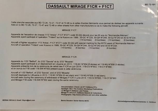 DISCOUNT DECALS 1/72 4324. BERNA DECALS 72-101 DASSAULT MIRAGE F1CR    F1CT