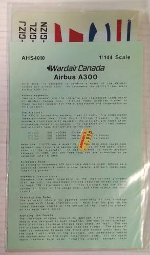 DISCOUNT DECALS 1/144 4349. AHS4010 WARDAIR CANADA AIRBUS A300