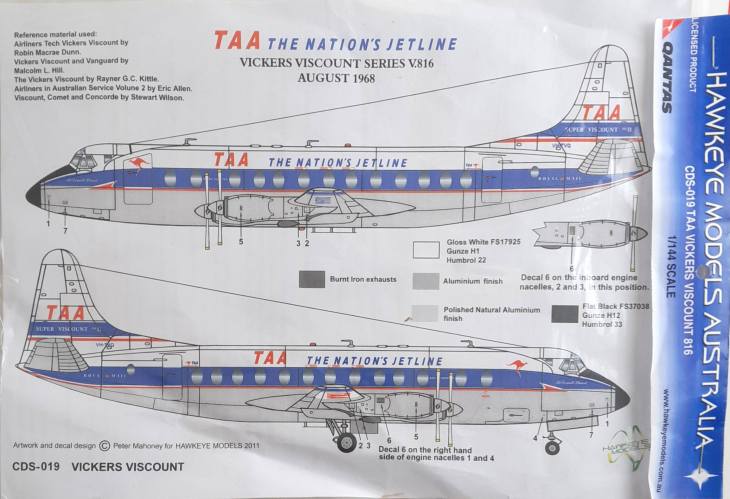 DISCOUNT DECALS 1/144 5272 CDS-019 TAA VICKERS VISCOUNT Hawkeye Models