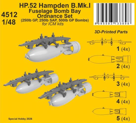 CMK 1/48 4512 HANDLEY PAGE HP. HAMPDEN B MK.I FUSELAGE BOMB BAY ORDNANCE SET