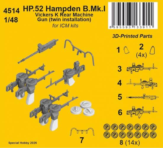 CMK 1/48 4514 HP.52 HAMPDEN B MK.I VICKERS K REAR MACHINE GUN TWIN INSTALLATION