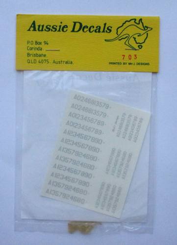DISCOUNT DECALS 1/72 3047. AUSSIE DECALS 703 GREY A NUMBERS THREE TYPE FACES 1/72 AND 1/48