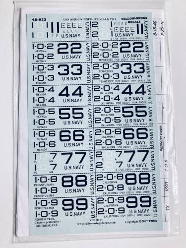 YELLOW WINGS DECALS 1/48 3325. 48-033 USN OS2U-1 KINGFISHER VO-1 AND VO-2