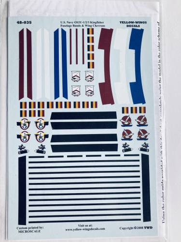 YELLOW WINGS DECALS 1/48 3324. 48-035 U.S. NAVY OS2U-1/2/3 KINGFISHER FUSELAGE BANDS AND WING CHEVRONS