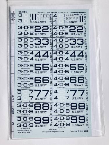 YELLOW WINGS DECALS 1/48 3323. 48-034 USN OS2U-1 KINGFISHER VO-3 AND VO-4