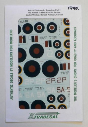 XTRADECAL 1/48 1790. 48102 YANKS WITH ROUNDELS PART 1 MARTLET/WILDCAT HELLCAT. AVENGER CORSAIR