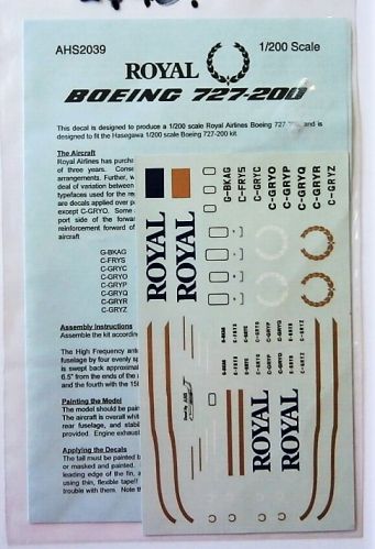 AIRLINE HOBBY SUPPLIES 1/200 2340. AHS2039 ROYAL BOEING 727-200