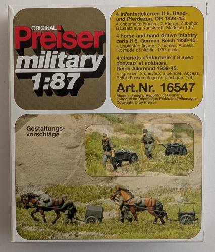 PREISER 1/87 16547 GERMAN REICH 4 1939-45 4 HORSE AND HAND DRAWN INFANTRY