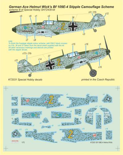 SPECIAL HOBBY 1/72 72031 GERMAN ACE HELMUT WICKS BF 109E-4 STIPPLE CAMOUFLAGE SCHEME